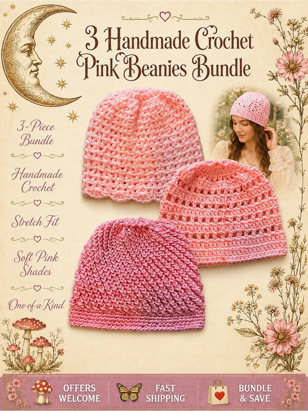 3 Handmade Crochet Pink Beanies Bundle Adult Small Teen Boho Cottagecore Hats